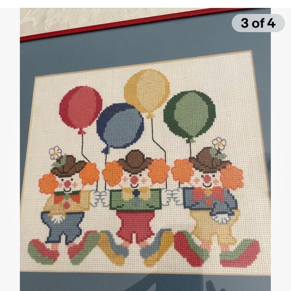 Framed Under Glass Handcrafted Needlepoint 3 Clowns With Balloons 13 x 14